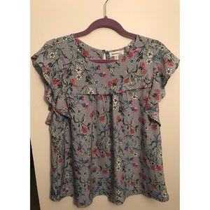 RUFFLE SLV NAVY PINSTRIPE BLS W FLORAL PRINT